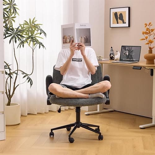 VINGLI Criss Cross Chair with Adjustable Flip-Up Arms,Cross Legged Chair with Wheels, Extra Wide Office Chair,Cozy Desk Chair for Home Office, Vanity, Apartment,Chenille Velvet,Grey thumbnail 5