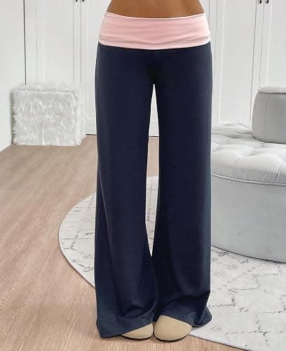 MYBFYABO Y2k Fold Over Yoga Pants for Women Low Rise Wide Leg Sweatpants | Womens Comfy Flowy Palazzo Pajama Pants, Contrast Color/ Striped Wide Foldover Waist Lounge Bell Bottoms 2026 thumbnail 2