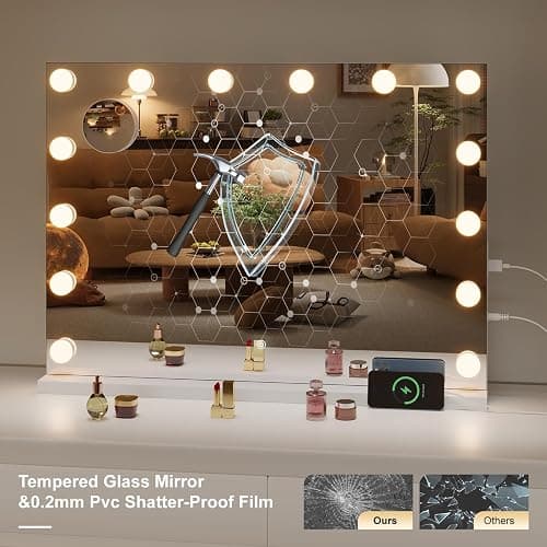 Hasipu Hollywood Vanity Mirror with Lights, 29" x 20" Makeup Mirror with 14 Dimmable LED Bulbs 3 Color Modes & Detachable, 5X Magnifying Glass, Touch Control, USB and Type-C, Tempered Glass thumbnail 3