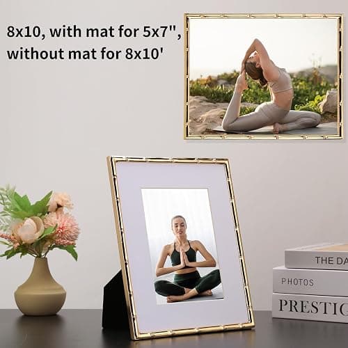 YiPinYin 8x10'' Bamboo Detail Gold Metal Picture Frame with Acid Free Mat for 5x7'' Set of 2,Narrow Gold Plated Photo Frames 5 x7'' With Soft Touch Velvet Backing for Desktop and Wall Décor thumbnail 3