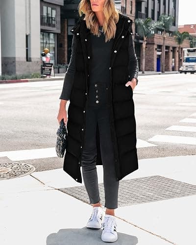 BTFBM Long Puffer Vest Women Quilted Hooded Button Down Zip Up Sleeveless Vests Outerwear Padded Jacket Fall Winter Coat thumbnail 7