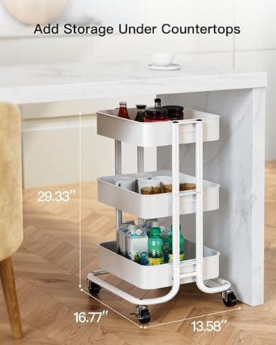 Pipishell 3 Tier Metal Rolling Utility Cart, Heavy-Duty Storage Rolling Cart with 2 Lockable Wheels, Multifunctional Mesh Organization Utility Cart for Kitchen Dining Room Living Room (White) - White - 3 Tier thumbnail 2