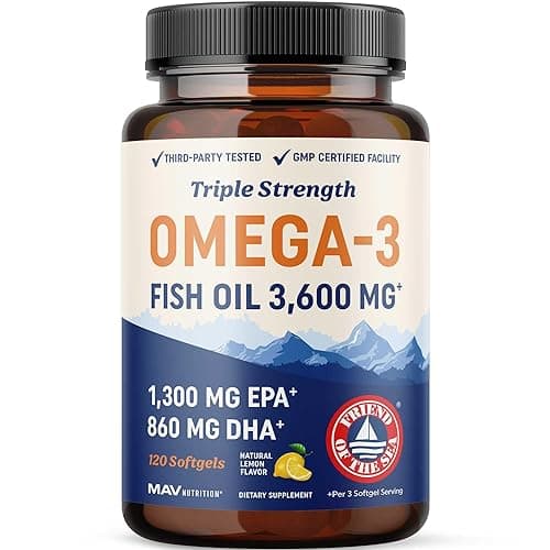 Triple Strength Omega 3 Fish Oil | 3600 mg EPA & DHA | Over 2100mg of Omega 3 Fatty Acids | 1300mg EPA + 860mg DHA | Best Essential Fatty Acids | Premium Burpless Softgel Supplements (120 Ct) - 120 count