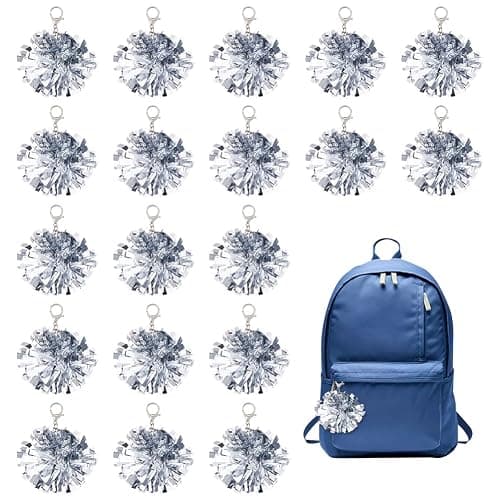 DICOSMETIC 25Pcs Cheer Keychain Cheer Pom Pom Keychain Cheer Gift Bulk for Team Cheerleading Gift Cute Bag Keychains for Women Cheerleading Keyring Charm, Platinum - Image 1