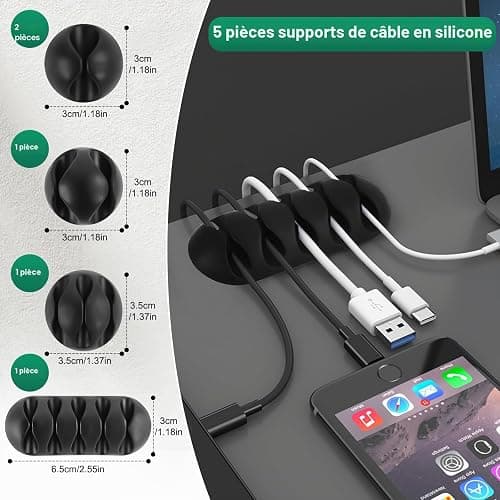 Samulee 157 Cable Management avec 5 Supports de Câble en Silicone, 15 Clips de Cable Autocollants, 100 Serre-câble, 20 Serre-câbles Autocollants, 17 Serre-câbles Auto-agrippants thumbnail 2