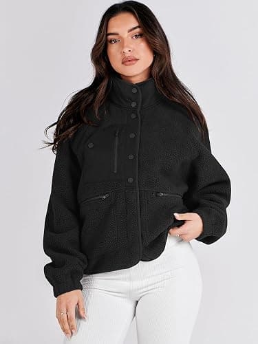 ANRABESS Womens Fuzzy Fleece Jacket Fall Casual Long Sleeve Cropped Sherpa Button Down Shacket Coats Outwear With Pockets thumbnail 4