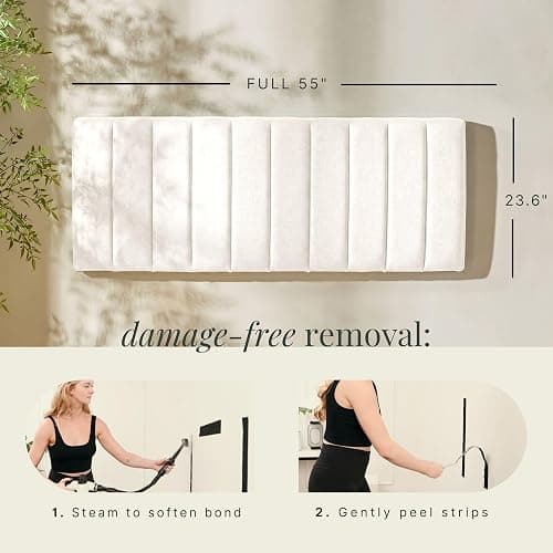 Hearth & Harbor Upholstered Full Headboard - Easy Assemble Channel Stitched Headboard Full Size - Wall Mounted Headboards with 3D Soundproof Wall Panels Peel & Stick Floating Headboards, Off White thumbnail 2