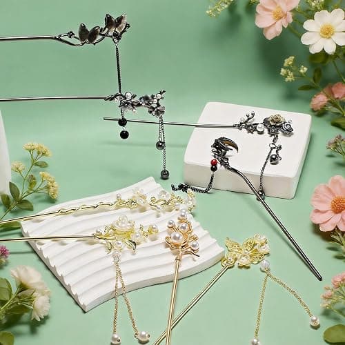 8 Pcs Chinese Hair Sticks Set, Gold White Japanese Hair Stick with Pearl Butterfly Flower Design, Metal Hairpins for Women Girls, Traditional Asian Hair Accessories for Bun Updo (Black and Gold) thumbnail 6
