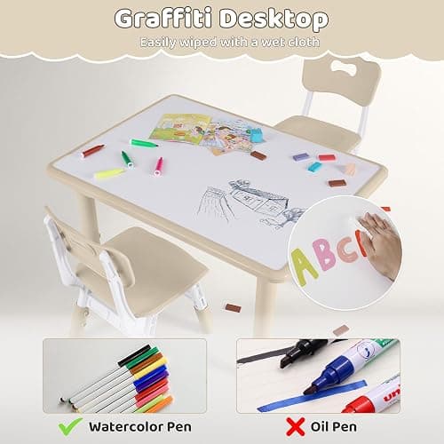 DOREROOM Kids Table & 4 Chairs, Height Adjustable (17.7"-26.1"), Natural | Graffiti Desktop,Table Supports 330 lbs,Toddler Ages 3-8，Children Multi-Activity Table Set for Playroom, Daycare, Classroom thumbnail 3