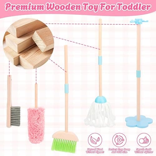 Kids Cleaning Set, Wooden Toddler Broom Set for Housekeeping, 7 Pieces Montessori Cleaning Toys with Kids Broom and Mop Set, Housework Pretend Play Toy Gift for Boys Girls Ages 3+ thumbnail 7