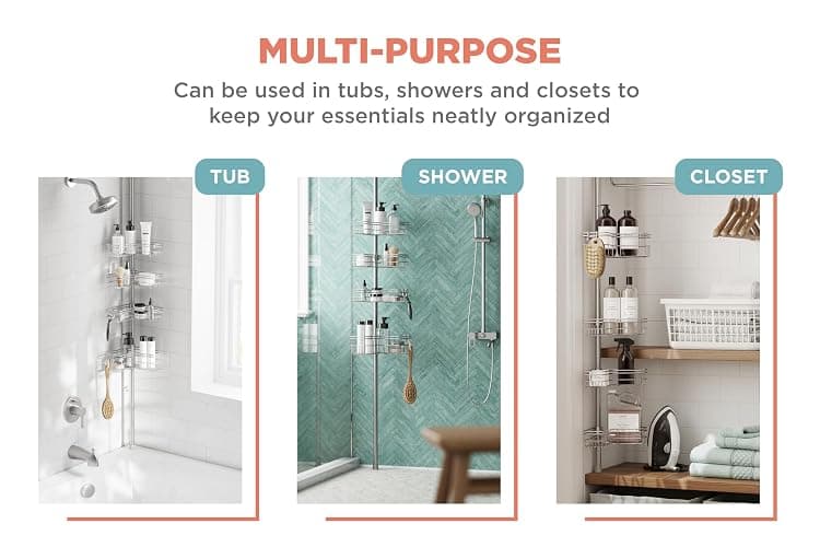 Zenna Home Tension Pole Shower Caddy, Adjustable Corner Shower Storage System with 4 L-shaped Baskets and Hooks, Rust-Resistant Bathroom Organization Solution, 60 to 97 Inch, Satin Nickel - Satin Nickel thumbnail 4