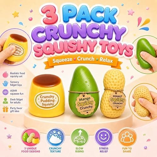 3 Crunchy Squishy Pack,Squishy Fidget Toys Adults,Slow Rising Squishy Toys | Crunchy Peanut Squishy Stress Balls for Adults,Crunchy Peanut Squishy&Crunchy Mango Squishy&Pudding Squishy Kit thumbnail 8