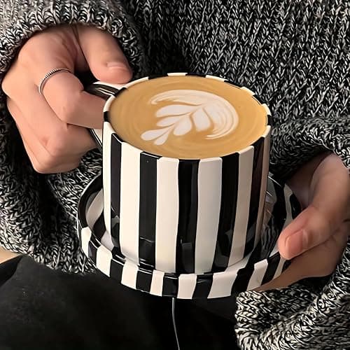 Mualuwi Tea Cup and Saucer, Ceramic 8 oz coffee mug, Dishwasher Safe and Microwave Safe, Black and White thumbnail 6