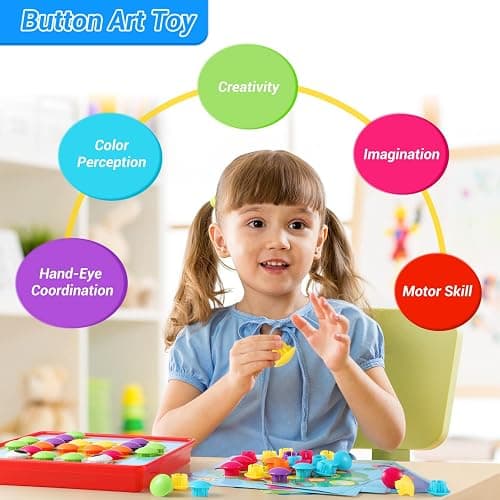 Geekper 68PCS Button Art Toys for Toddlers Color Matching Mosaic Pegboard, Early Learning Educational Toys for 3, 4, 5, 6 Year Old Kids Boys and Girls Easter Gifts, 10 Pictures and 58 Buttons thumbnail 6