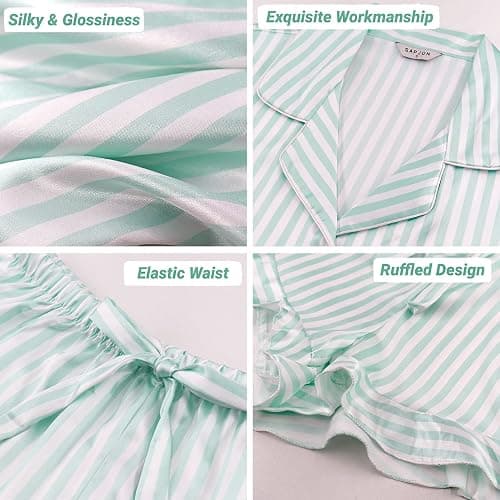 SAPJON Satin Silk Pajamas for Women 2Pcs Ruffle Notch Collar Sleepwear Button Down Short Sleeve Shorts Pjs Set Loungewear thumbnail 4