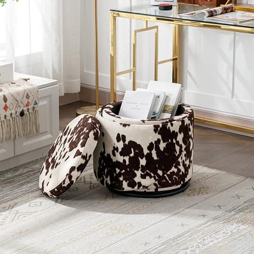 Ya-Home Modern Swivel Ottoman Vanity Chair, Linen Upholstered Barrel Club 360°Degree Swivel Side Stool with Storage, Comfy Makeup Stool for Bedroom Living Room, Milk Cow thumbnail 6