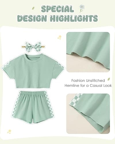 SANMIO Toddler Girl Clothes Summer 3 Piece Outfits Cute Short Sleeves Checkered Tops Shorts and Headband Girls Clothing Set thumbnail 7
