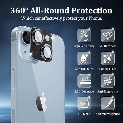 1 Pack Camera Lens Protector for iPhone 14 6.1 inch/iPhone 14 Plus 6.7 inch, Full Coverage 9H Tempered Glass Metal Frame, Case Friendly, Anti-scratch (Black) thumbnail 2