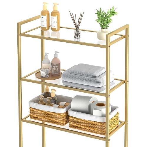 Homhedy Over The Toilet Storage, Metal 3-Tier Over-The-Toilet Bathroom Organizer Rack, Tempered Glass Shelves, Space-Saving, for Bathroom, Restroom, Laundry, Modern Style, Golden thumbnail 4