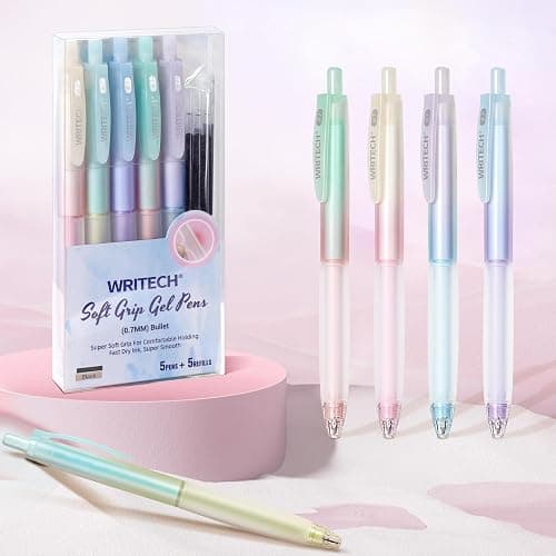 WRITECH Retractable Gel Ink Pens: 0.7mm Fine Point Black-Ink Aesthetic Gradient Color Barrel Soft Grip Medium Point Pen 5ct with 5 Refills for Journaling Smooth Writing Quick-dry No Bleed thumbnail 2