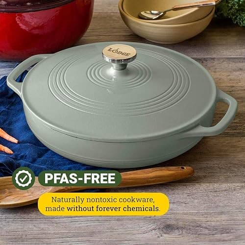 Lodge 3.6 Quart Oval Enameled Cast Iron Braiser Pan Casserole With Lid – Dual Handles – Stovetop, and Oven Safe up to 500° F - Use to Marinate, Cook, Bake, Refrigerate and Serve – Desert Sage thumbnail 6