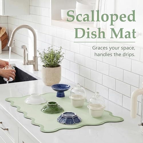 Scalloped Dish Drying Mat for Kitchen Counter, Absorbent Easy Clean Non-slip Coffee Bar Station Accessories, Trendy Cute Aesthetic Modern Drainer Kitchen Drying Mat, Sage Green 12" x 19" thumbnail 2