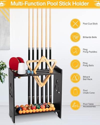 EXTCCT Pool Stick Holder Floor Stand- Billiards Pool Cue Rack Oak Solid Wooden Holds 9 Cues and Pool Table Accessories Organizer with Chalk Cone Holder for Game Room Club or Men Cave thumbnail 4