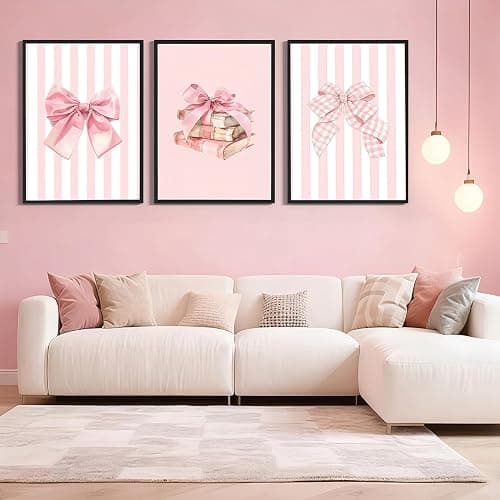 3pcs Pink Bow Canvas Wall Art Coquette Academic Style Girl Reading Poster Print Fashion Pink Book Poster Picture Painting Girl's Room College Dorm Bedroom Living Room Library Aesthetic Design Wall Decor（12×18in Unframed） thumbnail 2