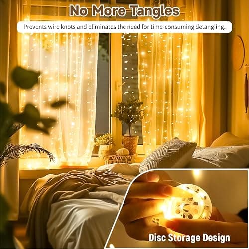 HXWEIYE 300LED Untangled Curtain Lights, 9.8x9.8Ft USB Fairy Twinkle String Lights with Remote and DIY Timer, 8 Modes Window Wall Hanging Light for Bedroom Dorm Backdrop Room Decor, Warm White thumbnail 2