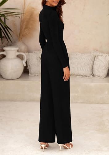 PRETTYGARDEN Long Sleeve Wide Leg Jumpsuits for Women | Soft Stretchy Mock Neck, One Piece Travel Outfit, Comfy Pockets, Elegant Romper for Fall Spring Work, Casual Outing & Cruise thumbnail 8