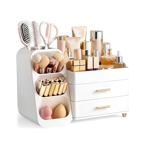 HBlife Makeup Organizer with Brush Holder for Vanity, Large Plastic Bathroom Countertop Organizer Skin Care Storage, Easy to Store Lipsticks, Nail Polishes, Perfumes, Eyeshadow Palettes, All White - Image 1
