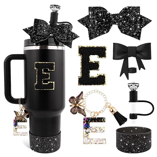 Lingdeer Black Cup Accessories Set for Stanley 30OZ & 40OZ Tumbler with Handle, Letter Charms, Bow & Diamond Straw Covers, Glitter Silicone Boot, Personalized Sticker for Stanley Cup Accessories (E) - Image 1