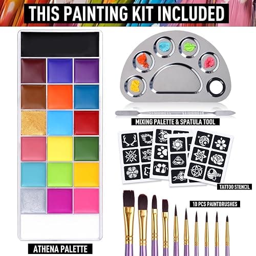 UCANBE Athena Face Body Paint Oil Makeup Set, 20 Colors FX Halloween Party Painting with Stainless Steel Mixing Palette and Spatula Tool,10 pcs Artist Paintbrushes,Tattoo Stencil Arts Crafts kit thumbnail 2