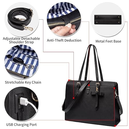 Keyli 4pc Sets Laptop Bag for Women Large Leather Laptop Briefcase with USB Charging Port Computer Shoulder tote Bags Purse thumbnail 5