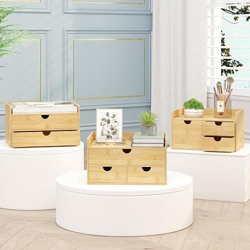 Wisuce Bamboo Desk Organizer - Mini Bamboo Desk Drawer Tabletop Cosmetic Storage Organization for Office or Home (Nature 3 Drawers) thumbnail 8