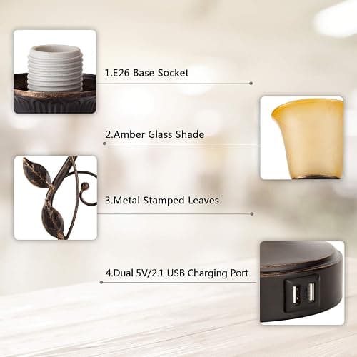 Touch Control Leaf Vintage Table Lamp with 3-Way Dimmable 2 USB C+A Ports | Bedside Nightstand Lamps, Amber Glass Shade Rural Leaf Lamp for Living Room Bedroom Dresser Home Decor, LED Bulb Included thumbnail 7