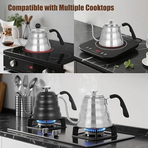 Gooseneck Kettle for Manual Drip Coffee & Tea 40oz Stainless Steel Pour Over Coffee Kettle with Thermometer Tea Kettle for Stovetop,1200ml,6 Cup,Silver,1Pack thumbnail 6