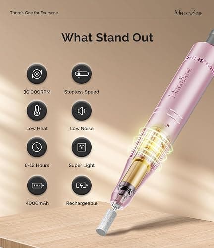 MelodySusie Clip-On SC320F Rechargeable Nail Drill 30,000 RPM for Beginners | 30000RPM, 6000mAh battery, 10-14h runtime, LED display, Low-heat motor, shapes acrylic/gel nails, safe for natural nails thumbnail 3