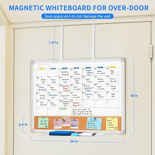 Maxtek 24x18 Inch Magnetic Over Door Calendar Cork Board Combo | Monthly Calendar with Cork for Family Reminders, Notes, and Schedules. No-drill Door Organizer for Home, Dorm, or Office thumbnail 2