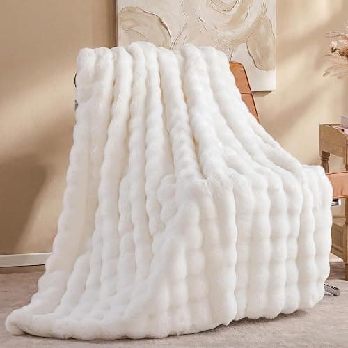 Smoofy Faux Fur Throw Blanket for Couch - Cream White Super Soft Cozy Bubble Blanket, Fluffy Plush Fuzzy Throw for Sofa & Bed, Thick Lightweight Warm Blanket, Luxury Aesthetic Gift for Women 50"x60" - Image 1
