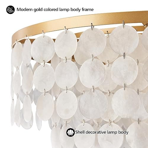 HLMRCHEN 24" Capiz Shell Chandelier, 5 Light Gold Dining Room Light Fixture Modern Coastal Chandeliers for Bedroom Bathroom Kitchen and Foyer(White Seashell Lighting Fixtures) thumbnail 5