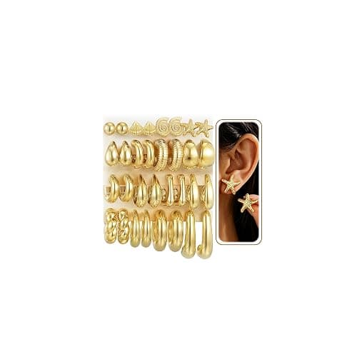 16 Pairs Starfish Chunky Gold Hoop Earrings Set for Women, Beach Shell Style Stack Statement Earrings, Hypoallergenic Lightweight Gold Plated Trendy Summer Jewelry Gift - Image 1