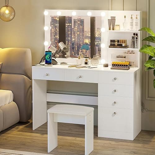 VOWNER 47" Vanity with Outlet - Makeup Vanity Desk with Mirror, Storage Shelves and 6 Drawers, 3-Color Light, Makeup Desk Set with Stool for Bedroom, White thumbnail 8