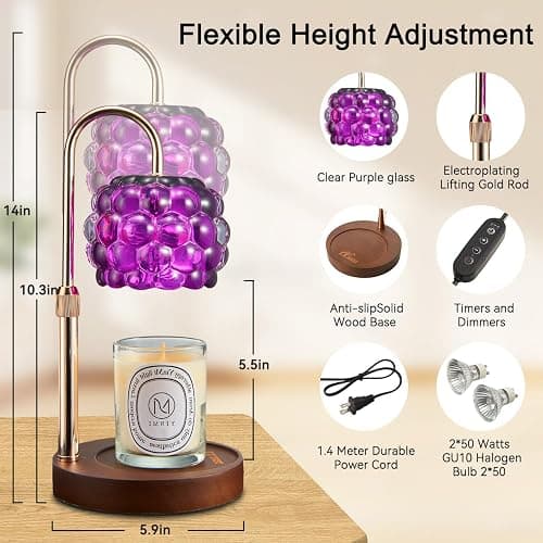 Candle Warmer Lamp with Timer Adjustable - Height Candle Warmer, Dimmer, Vintage Glass Wax Melting Lamps for Home Decor, for Candles in Jars with 2 Bulbs thumbnail 2