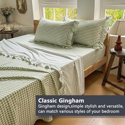 NSNLGSGC Sage Green Gingham Ruffle Queen Sheet Set, Green Soft Pre-Washed Microfiber Plaid Queen Bed Sheets, 4-Pieces Farmhouse Sheet Set with Deep Pocket thumbnail 3