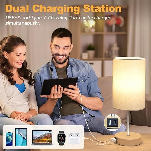 AKASUKI Table Lamp for Bedroom, 3 Way Dimmable Touch Lamp with Dual Charging Station, Small Bedside Lamps for Night Stands, Living Room, Office(LED Bulb Included) thumbnail 4