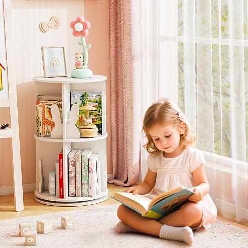 HONEY JOY Kids Rotating Bookshelf, Wooden Spinning Small Corner Organizer w/Baffles, 360°Display Standing Toddler Bookshelf, Narrow Storage Rack, Montessori Book Shelf for Nursery, Playroom (White) thumbnail 2