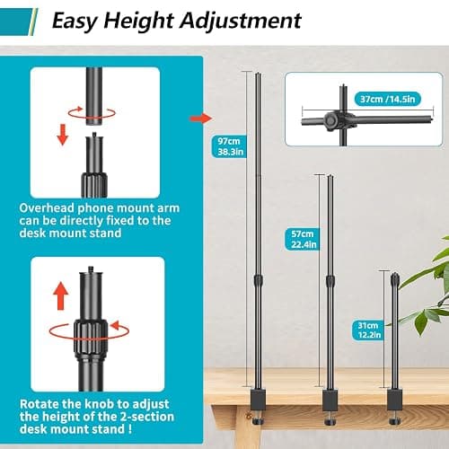 Camera Desk Mount Webcam Stand with Overhead Articulating Magic Boom Arm 1/4" Ball Head for DSLR Tripod, Adjustable Light Stand, Tabletop C Clamp for Ring Light Photo Video Shooting Live Streaming thumbnail 6