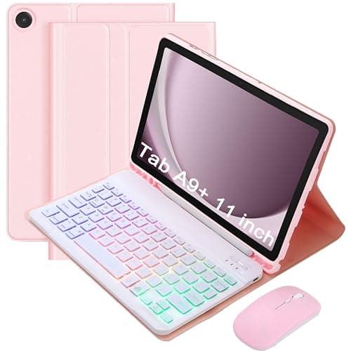 VLEAQC Keyboard Case for Samsung Galaxy Tab A9+/A9 Plus 11 Inch 2023 (SM-X210/X216/X218), Detachable Color Backlit Bluetooth Keyboard and Mouse, Slim Lightweight Stand Cover with Pen Holder (Pink) - Image 1