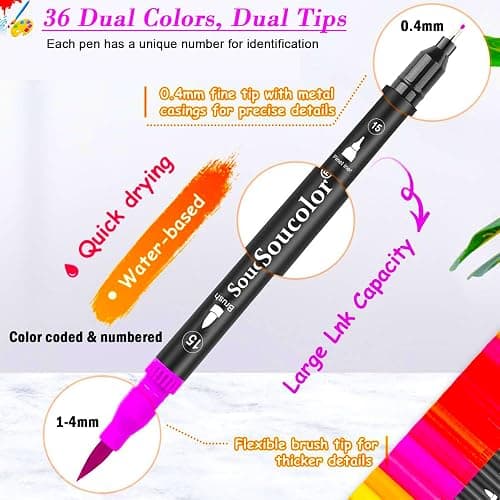 Soucolor Art Brush Markers Pens for Adult Coloring Books, 36 Colors Numbered Dual Tip (Brush and Fine Point) Marker Pen for Kids Note taking Planner Hand Lettering Calligraphy Drawing Journaling thumbnail 3